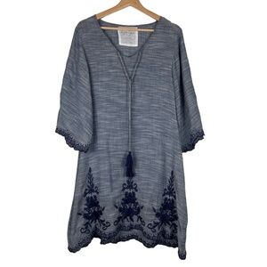 Kyla Seo Womens Tunic Small Blue Scalloped Bell Sleeve Embroidery Boho Anthro‎